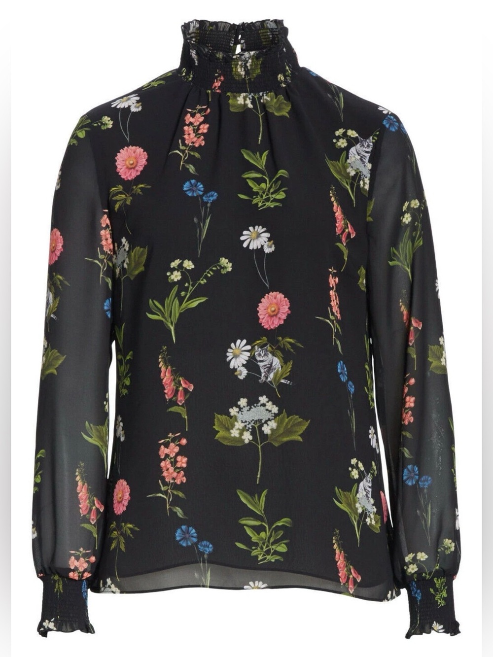 ted baker florence kitty cat floral blouse 4 small ruffle smocked new york chic